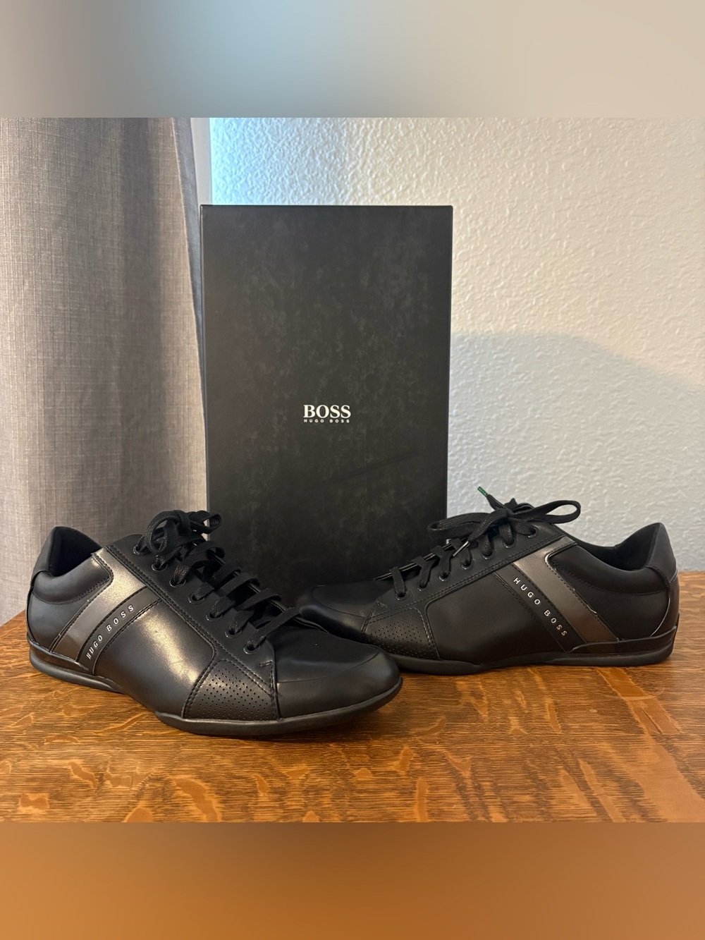 Hugo Boss Space Lowp Lux Leather Sneakers Men's Size 10 Black Designer Luxury